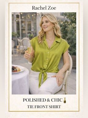 NWT Rachel Zoe Chartreuse Satin Tie Front Blouse ✨ Polished Chic Top
